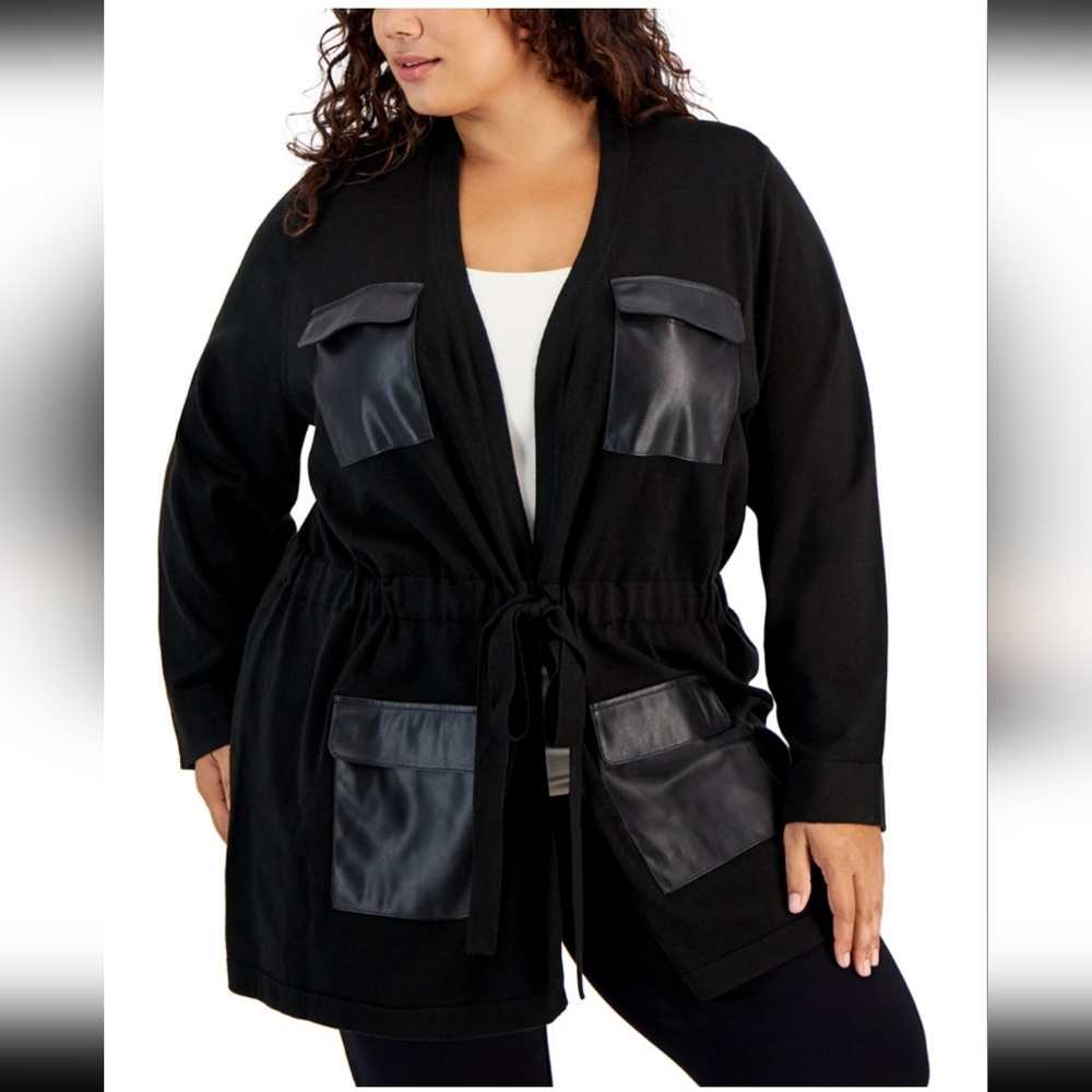 Calvin Klein Black Plus Size Faux Leather Pockets Cardigan Sweater 1X